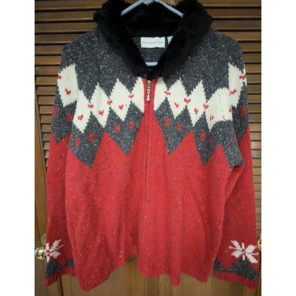 Croft & Barrow XL Fair Isle Sweater Ramie Wool Faux Fur Collar Zip Cardigan